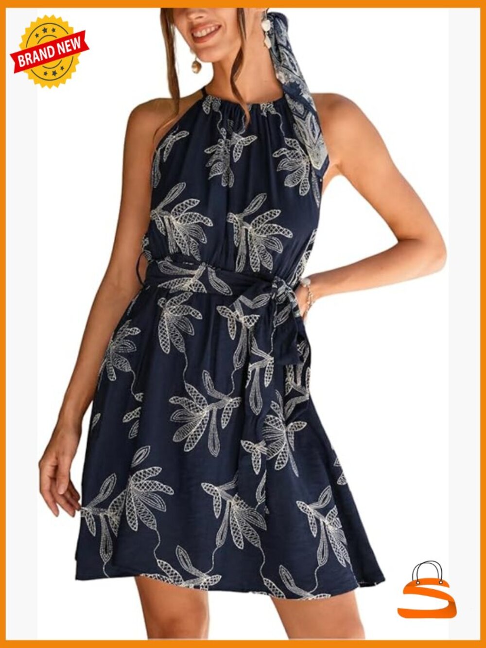 Tropical Floral Halter Mini Dress with Self Tie Belt